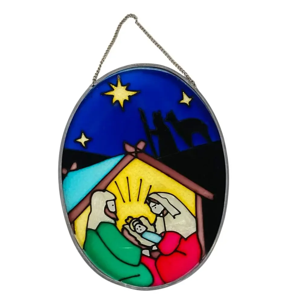 Stained Glass Nativity Set Wall Decor Baby Jesus in Manger Joseph Mary Holy
